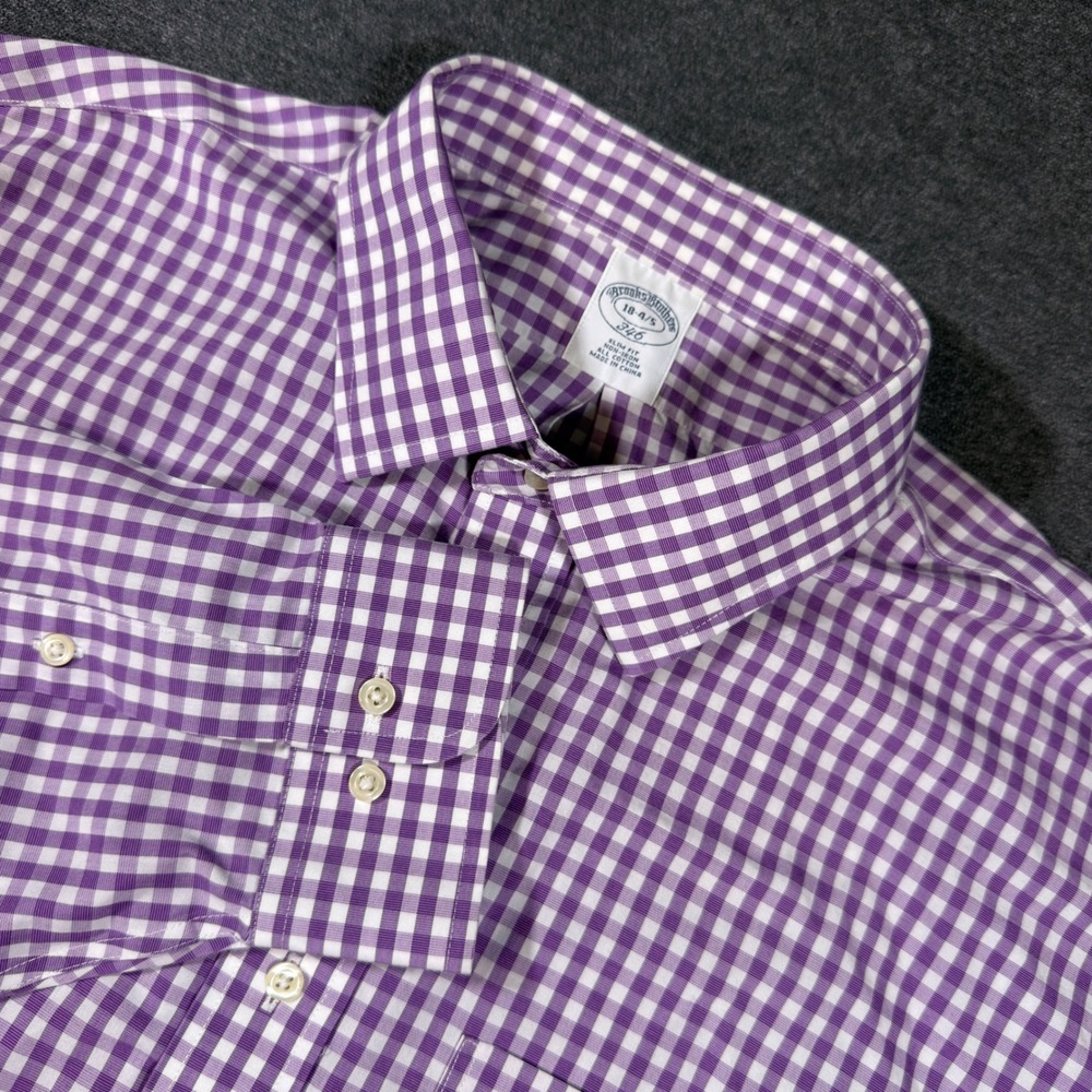 Brooks Brothers Shirt Mens 18 4/5 Purple Gingham Slim Fit Non-Iron Cotton 346